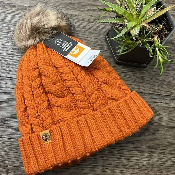Rare Rust Timberland Auburn Woods Cable Knits Beanie with POM POM Orange Color - Picture 1 of 13